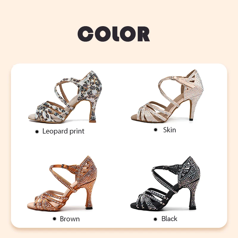 HROYL Ballroom Latin Dance Shoes Ladies Girls New Silk Satin Shiny Rhinestone Cuban High Heels Party Salsa Dance Shoes Women 2