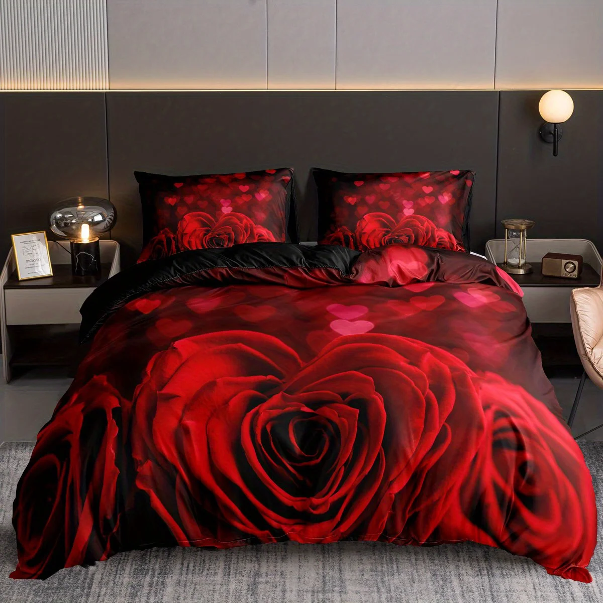 

3pcs Soft and Comfortable Love Rose Print Duvet Cover Set for Bedroom and Guest Room Includes 1 Duvet Cover and 2 Pillowcases