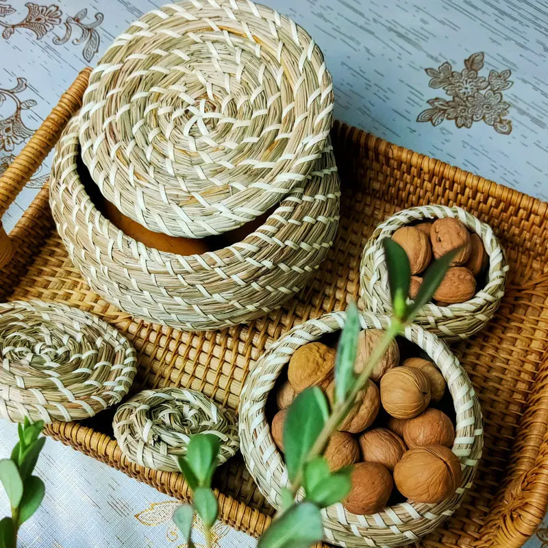 Rattan Storage Basket with Lid Round Woven Pot Organizer for Dried Fruit Nuts Tea Bag 3 Sizes Container Rustic for Home Kitchen