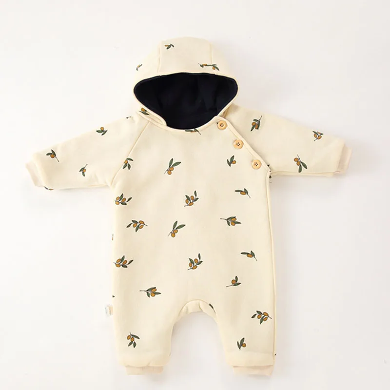 Winter Baby Girl Boys Thicken Warm Clothing Infant Baby Boys Girls Jumpsuit Printing Hooded Newborn Baby Thicken Warm Bodysuits