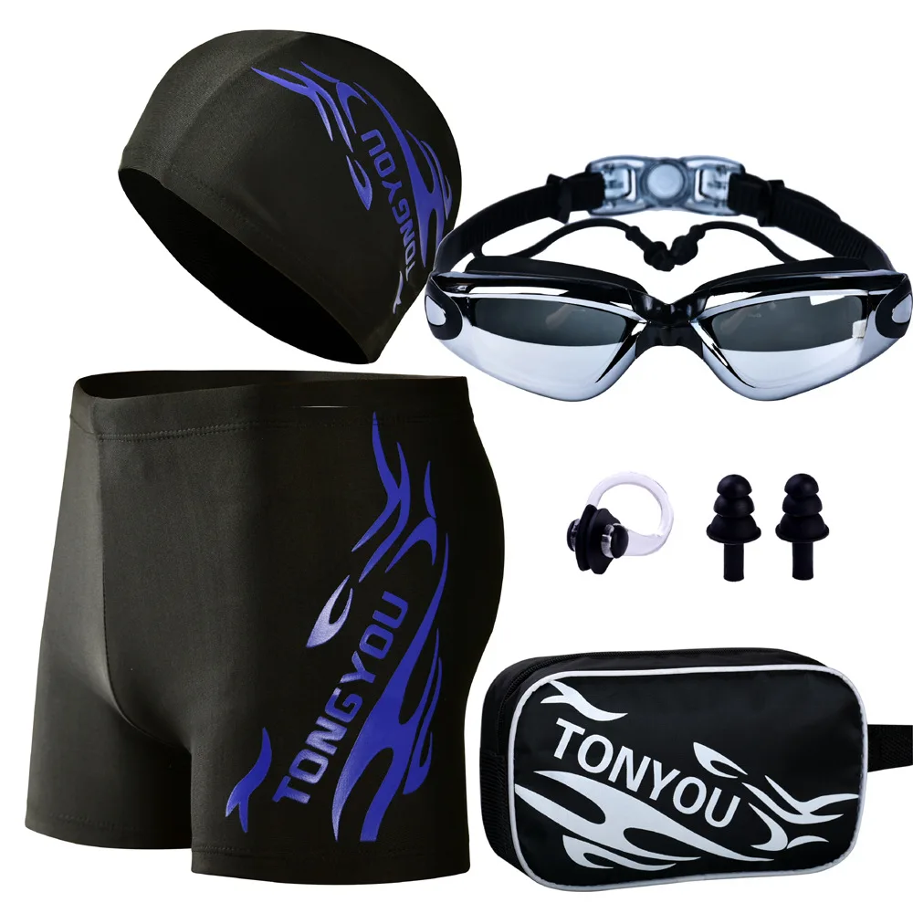 5 Pieces Men Goggles Swimming Cap Pants Outfit Trunks Male Boxer Hot Spring Big Yards Loose Bathing Suit Adult  Mone Swimsuit