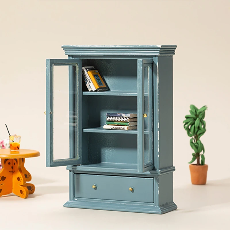 ドールハウスミニチュア家具、スモークブルー、ダブルドア、ガラス