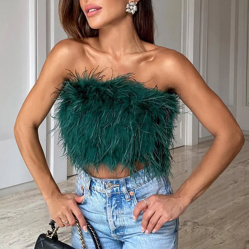 corset t shirt 2022 Summer New Unique Sexy Fluffy Furry Tube Top Female Personality All-match Feather Decoration Sleeveless Vest Top camisole bra Tanks & Camis