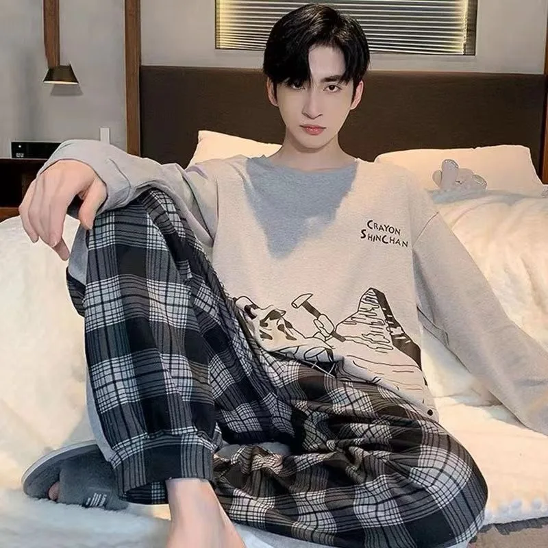 Pajamas Men Long Sleeves and Trousers Spring and Autumn Style Simple Breathable Nightwear Student Youth Loungewear Sleepwear pajama sets