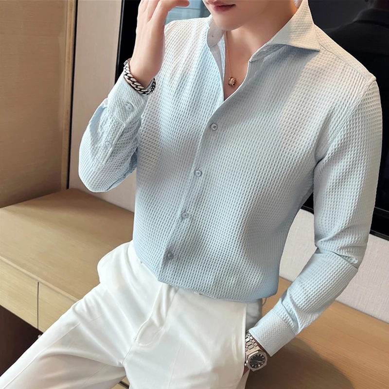 

Luxury Check Embossed Long-sleeved Social Mens Dress Shirts Wedding Prom Single Breasted Pointed Collar Elegant Tuxedo Shirt Men