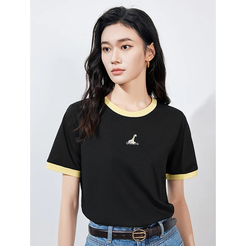 TOYOUTH Women T-shirt Summer Sorona Contrasting Edge O Neck Short Sleeve Animal Embroidery Casual T-shirt 3 Colors