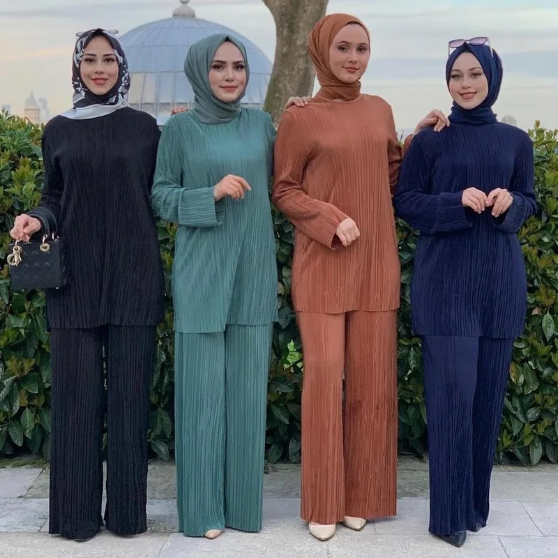 

National Style Casual Party Dresses for Women Abaya Muslim Set Caftan 2 Piece Set Eid Long Sleeves Robe Solid Color Dress Suit