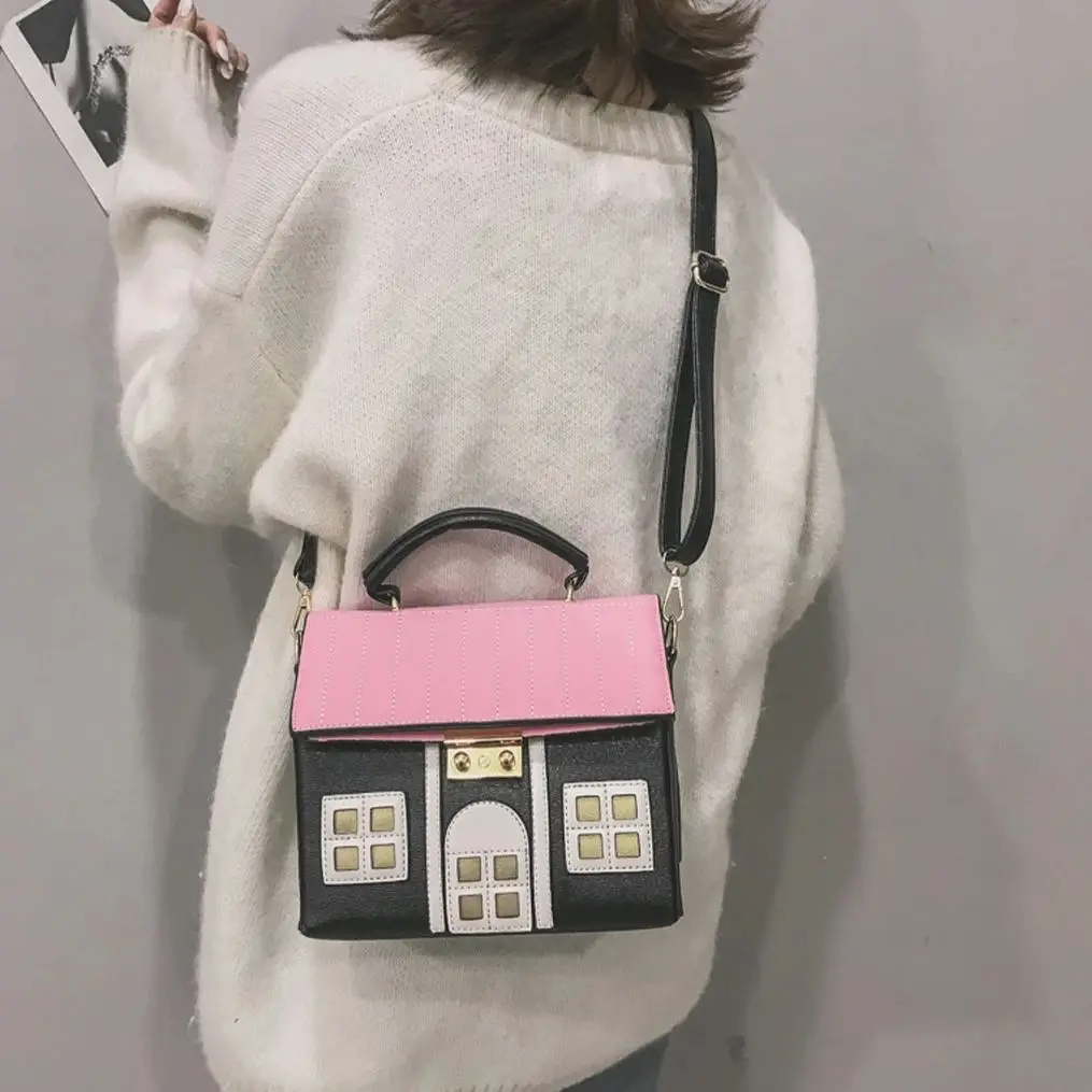 Cartoon Cute Contrasting Color House Handbag Creative Square Bag Female Crossbody Shoulder Bags Top-Handle Bags