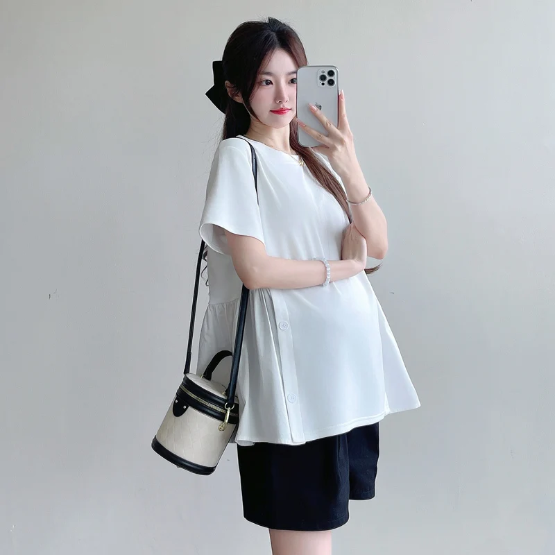 임산부를위한 여름 느슨한 반팔 라운드 넥 투피스 세트 한국 스타일 코튼 이너 얇고 편안한