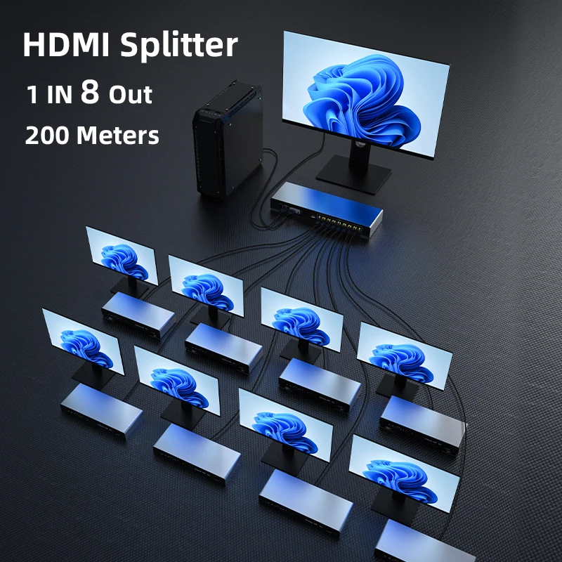 HDMI KVM 분배기 200M Extender 비디오 송신기 수신기 1 In 8 Out 분배기, 화면 공유 PS4 카메라 PC ...