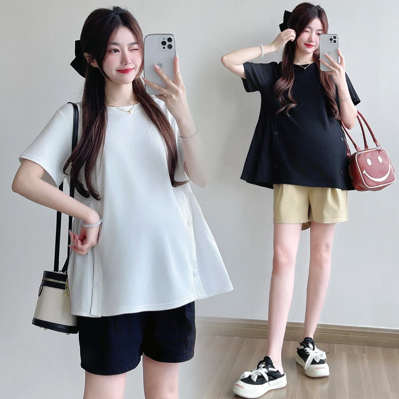 임산부를위한 여름 느슨한 반팔 라운드 넥 투피스 세트 한국 스타일 코튼 이너 얇고 편안한