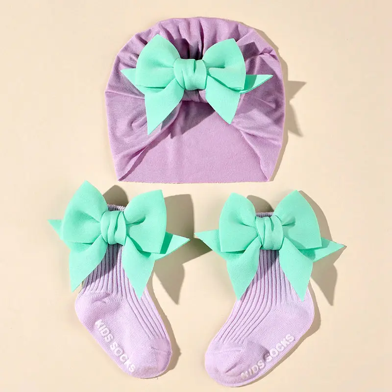 2pcs/set Baby Bow Hat with Socks Suit Newborn Boys and Girls Socks Cap Set Short Tube Sock+ Turban Hat for Autumn Spring H446 3