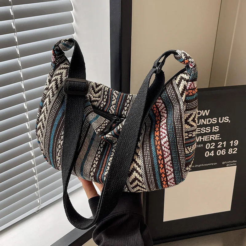 Multicolor Ethnic Style Fashionable Canvas Crossbody Bag, Versatile Dumpling Single Shoulder Bags for Women Daily Collocation