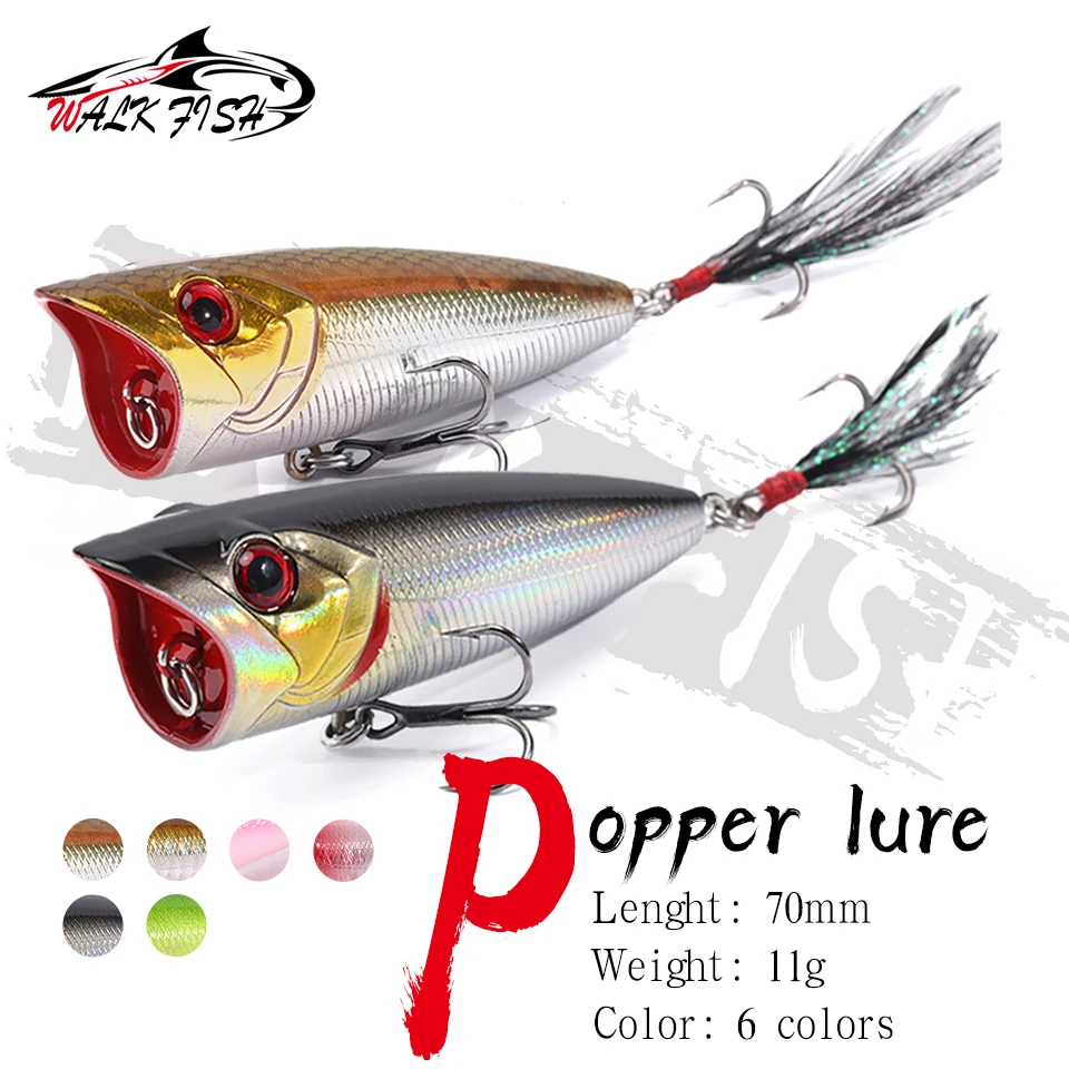 

WALK FISH 1PCS 70mm/11g Popper Lure Topwater Artificial Metal Hard Baits 3D Fishyes Bass Pike Pesca Outdoor Fishing Accessories