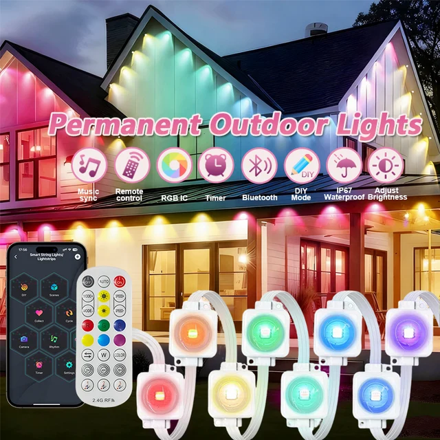 300FT Permanent Outdoor Lights Smart Eave Lights DIY Color Changing Music Sync Dynamic Waterproof for Roof Party Garden Decor