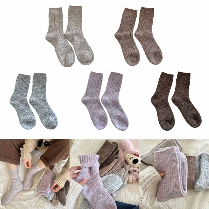 

Fashion Womens Solid Color Thicken Faux Wool Ribbed Knit Socks Outdoor Hiking Winter Warm Middle Tube Calf Socks