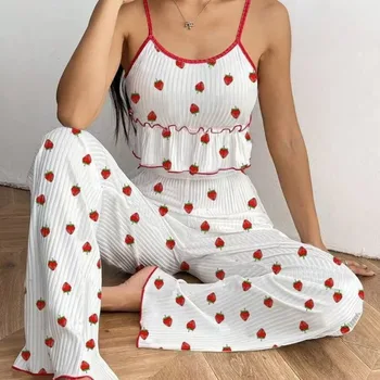 Women's Cherry Print Ribbed Tank Top & Long Pants Pajama Set Summer Sweet Ruffle Sleepwear 2 Piece Set Casual Elastic Loungewear