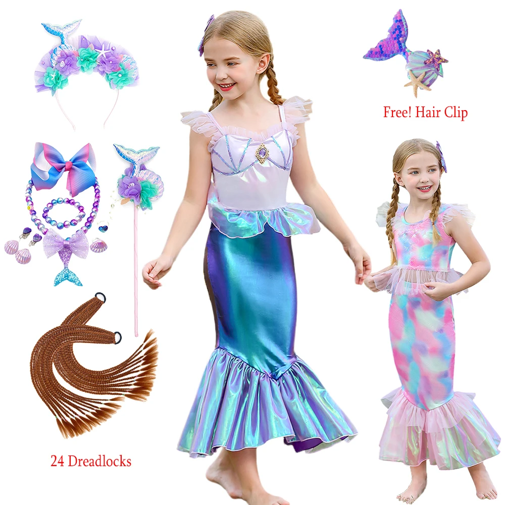 

2023 Halloween Little Mermaid Cosplay Costume Fancy Girls Pink Purple Princess Ariel Dress Christmas Party Evening Long Dresses