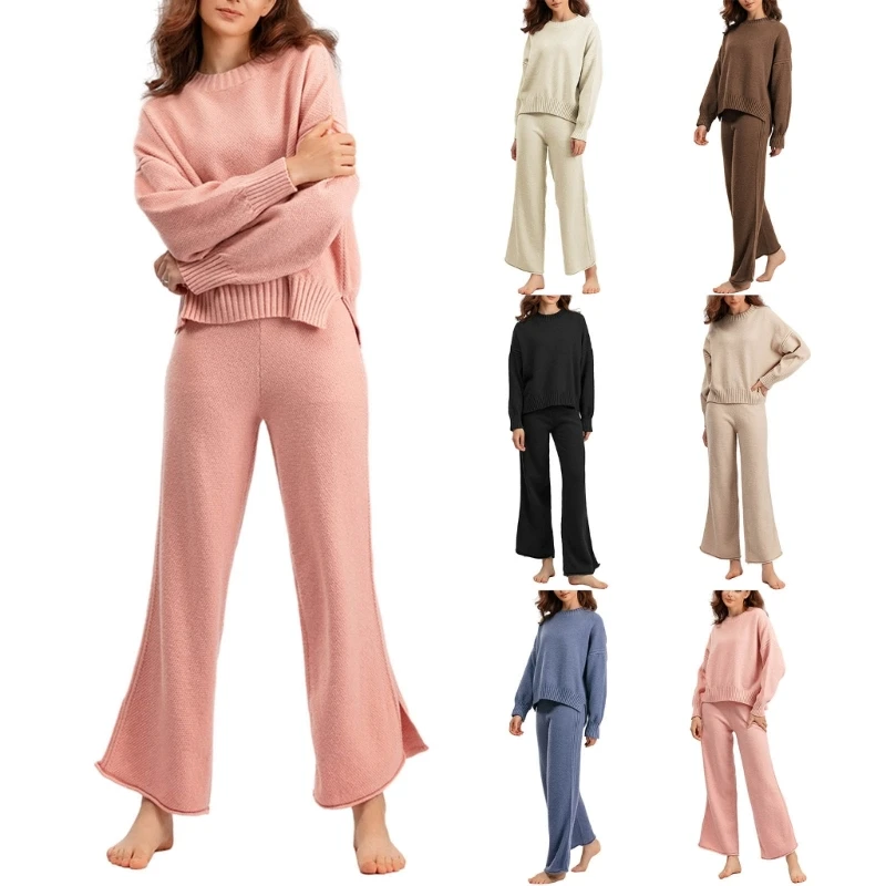 Stylish Women's Knit Set Long Sleeve Sweater Top with Wide Leg Pants for Girls