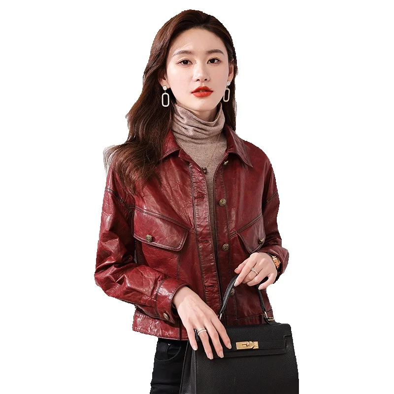 

Seasonal New Genuine Leather Coat Women's Short Oil Wax Skin Cotton Sheepskin Flip Collar Long Sleeved Leather Jacket