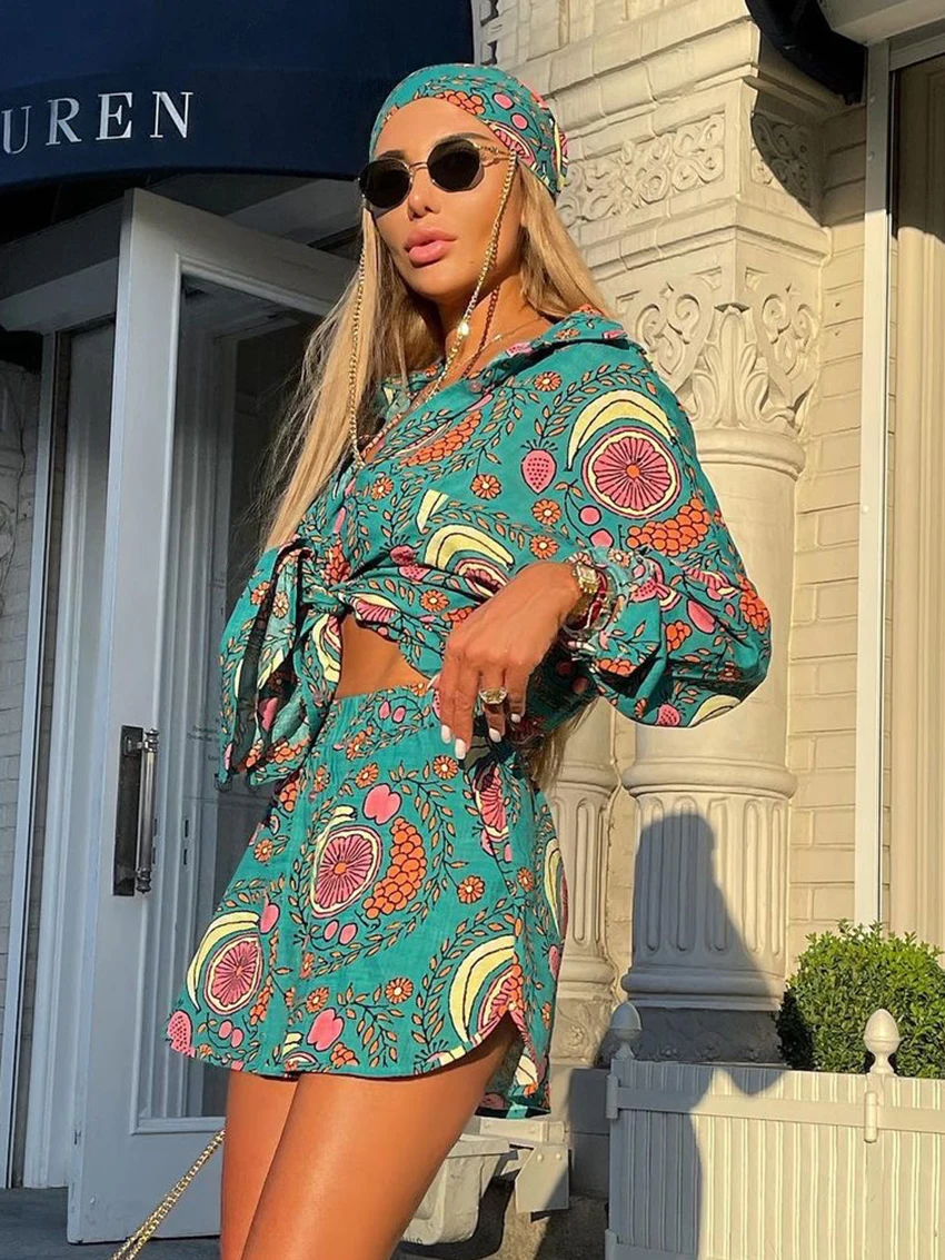 Marthaqiqi Printing Women Sleepwear Set Long Sleeve Pajamas Sexy Turn-Down Collar Nightwear Shorts Casual Ladies Nightgowns Suit