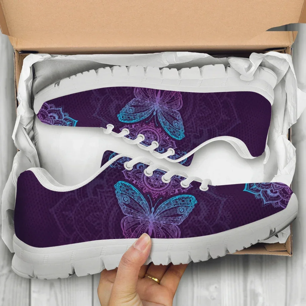 Purple Bohemian Mandala Flower Design Lightweight Outdoor Shoes Butterfly Pattern Comfortable Platform Sneakers