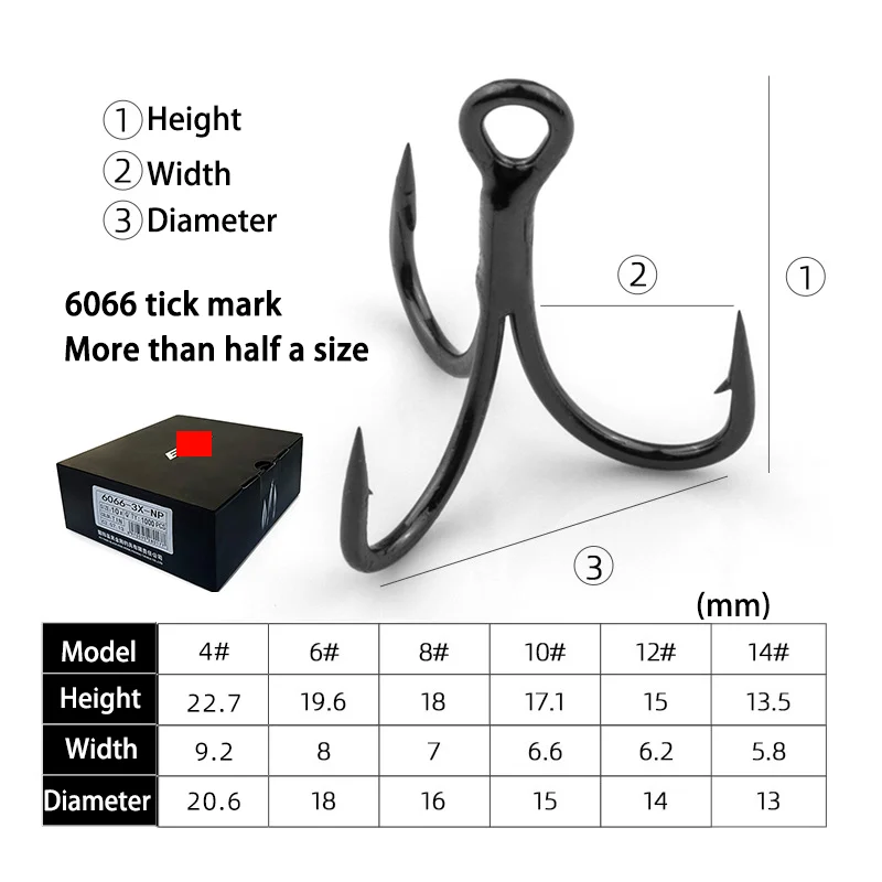 12pcs Fishing Hook High Carbon Steel Treble Hooks Ultra-Antirust 6066 Black Nickel Corrosion Prevention for Lure Accessories