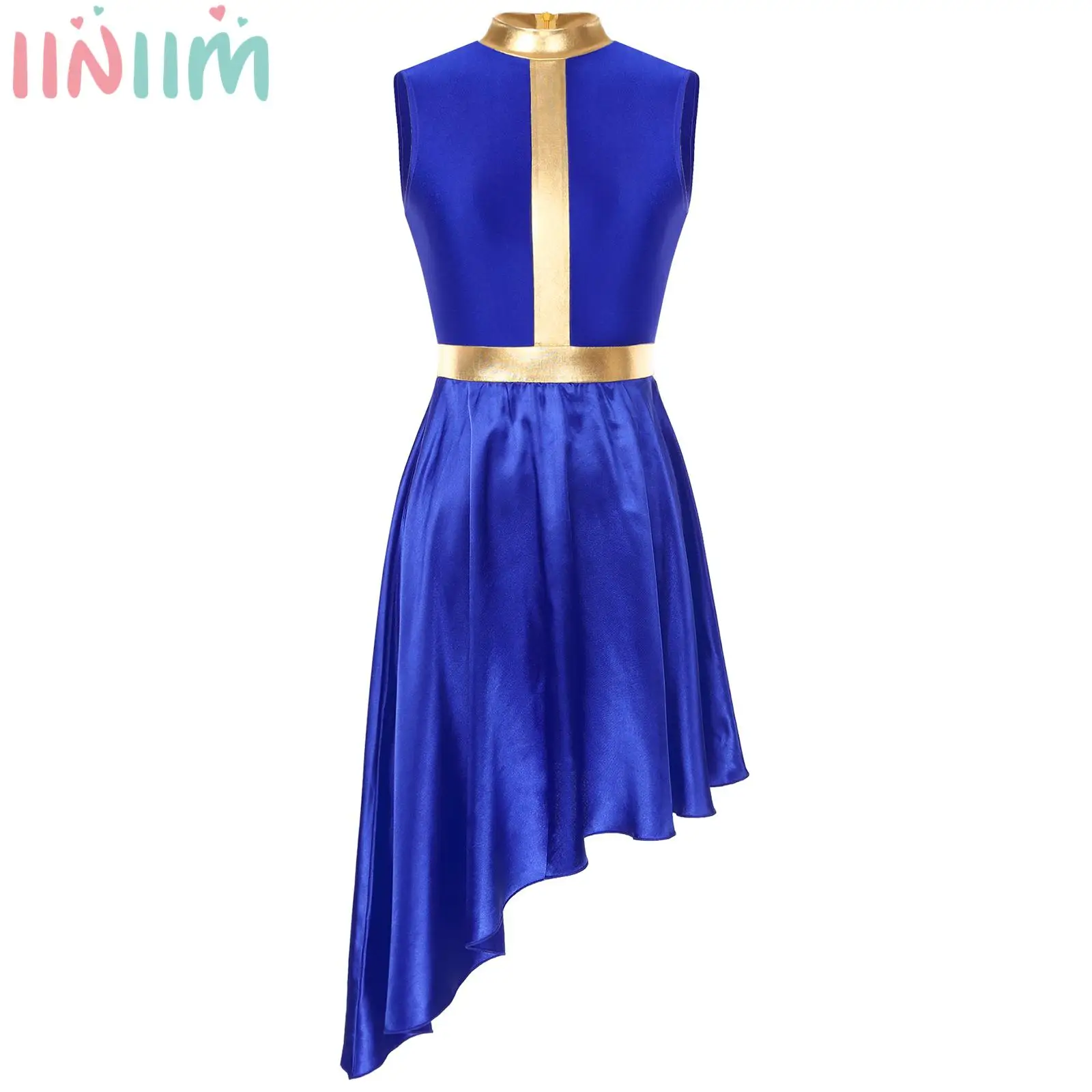 

Womens Color Block Lyrical Liturgical Praise Dance Dress Sleeveless Flowy Asymmetrical Hem Dresses Show Worship Modern Dancewear