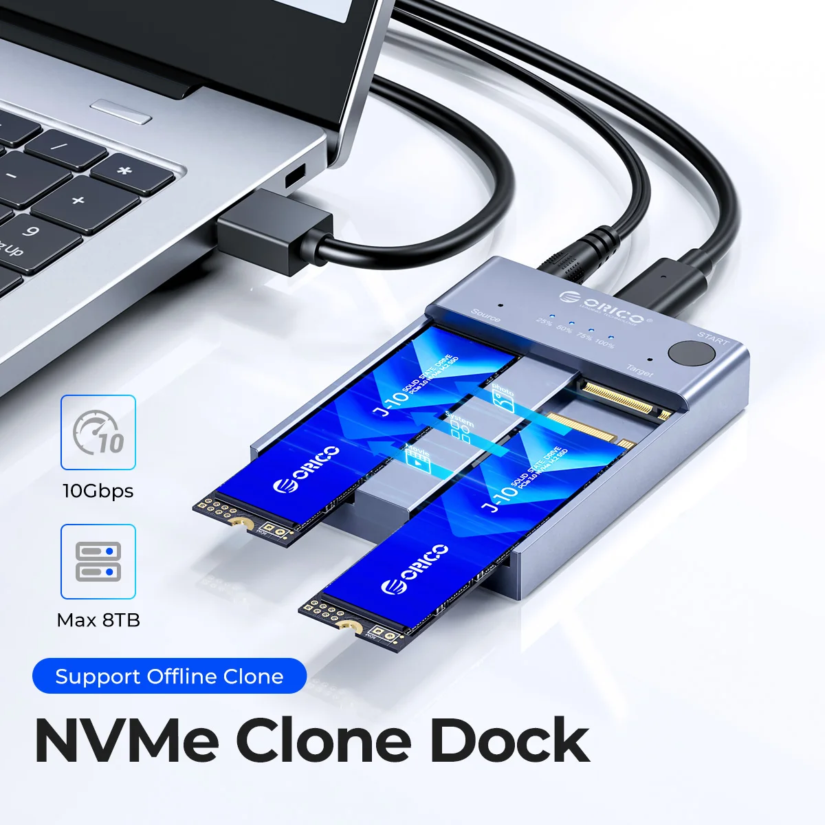 ORICO M.2 NVMe Cloner Dual Bay NVMe USB C to SSD Enclosure Aluminum M.2 Duplicator Offline Clone for PCIe M-Key SSDs 8TB external hard drive case,ssd enclosure,hard drive enclosure