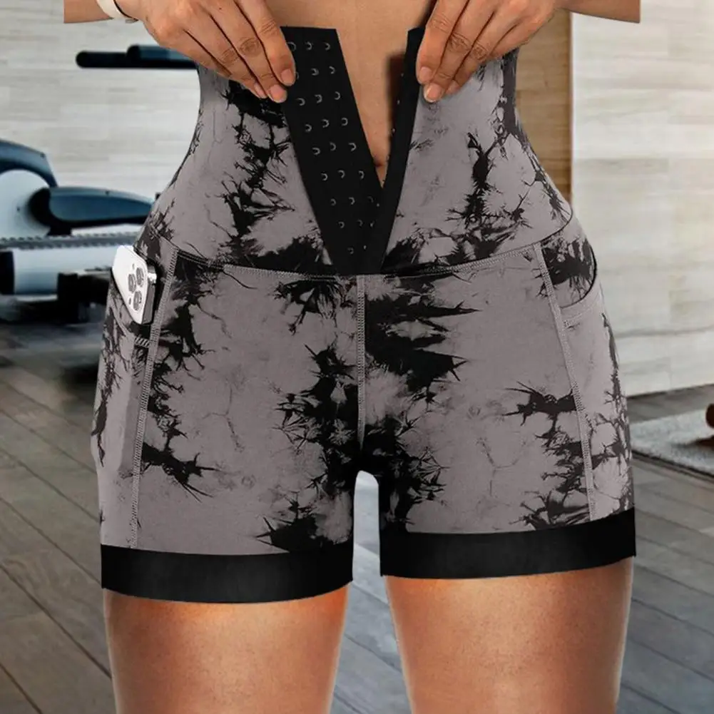 

Summer Lady Shorts Tie-dye Yoga Shorts for Women High-waist Tummy Control Butt-lifted Front Closure Elastic Compression Pockets