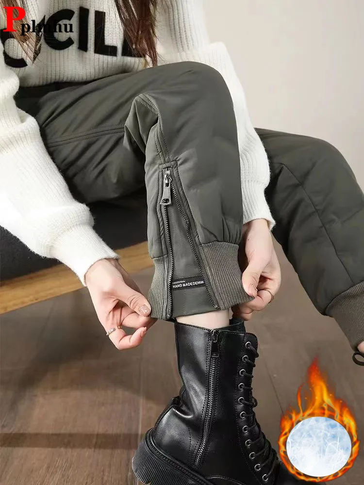 겨울 다운 코튼 두꺼운 조거 팬츠, 따뜻한 하이웨이스트 레이스업 오버사이즈 판탈론 스노우 웨어, 발목 길이 방풍 스웻팬츠