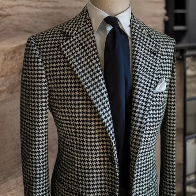 Houndstooth Business Blazer for Men 2023 Plaid Notched Lapel Suit Jacket Formal Male Fashion Coat 3