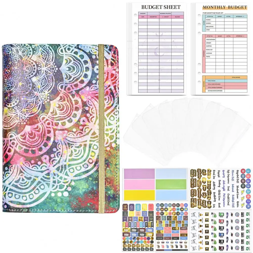 

Notebook Flower Printed A6 Binder Stylish Multi-purpose Notebook with Zipper Envelopes for Cash Cards