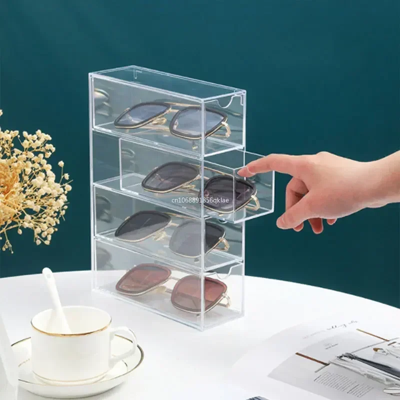 Acrylic Drawer Box 4-layer Sunglasses Storage Organizer Box Desktop Sundries Storage Pull Glasses Display Containers Box Storage