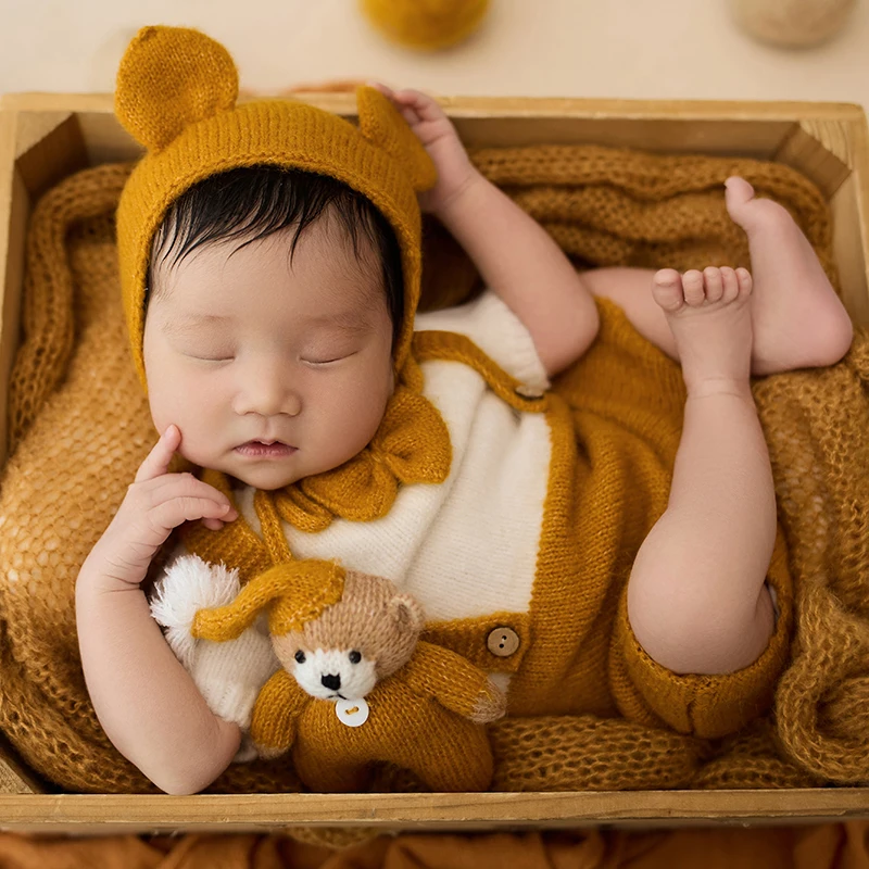 

Knitted Newborn Outfit Baby Photography Props Bear Ear Hat Romper Set Infants Photo Shooting Clothes Studio Photo Accessories