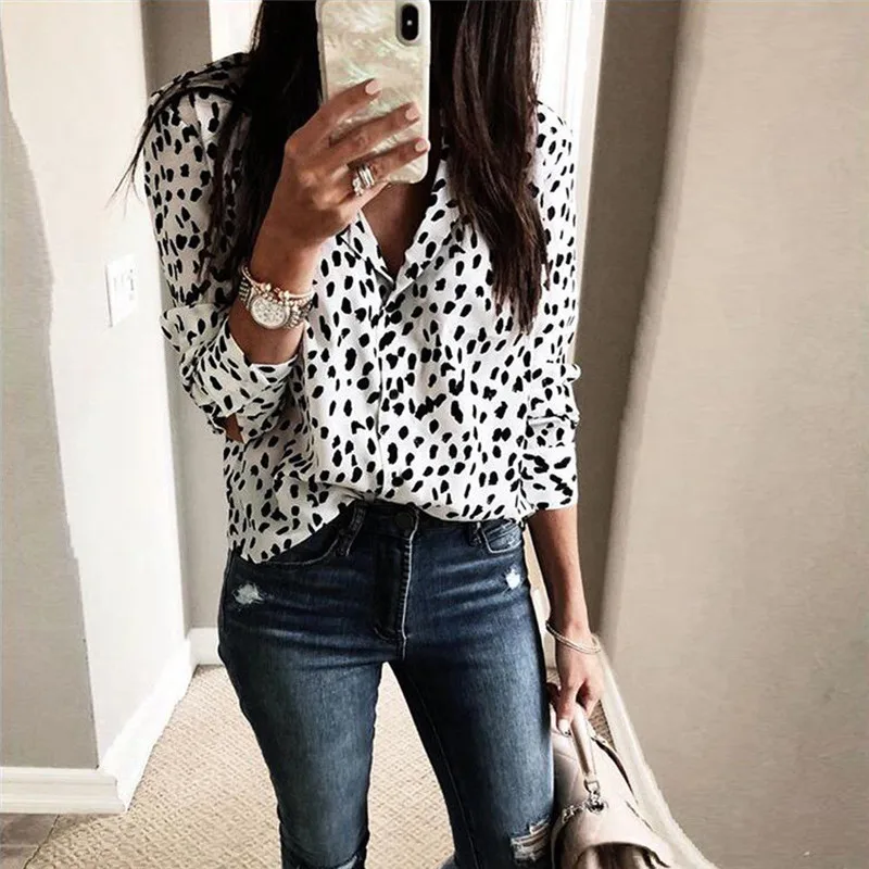 

Leopard Long Sleeve T-shirts Spring Autumn Women V-Neck Plus Size Casual Office Tops Lady Fashion Streetwear Indie Formal Wear