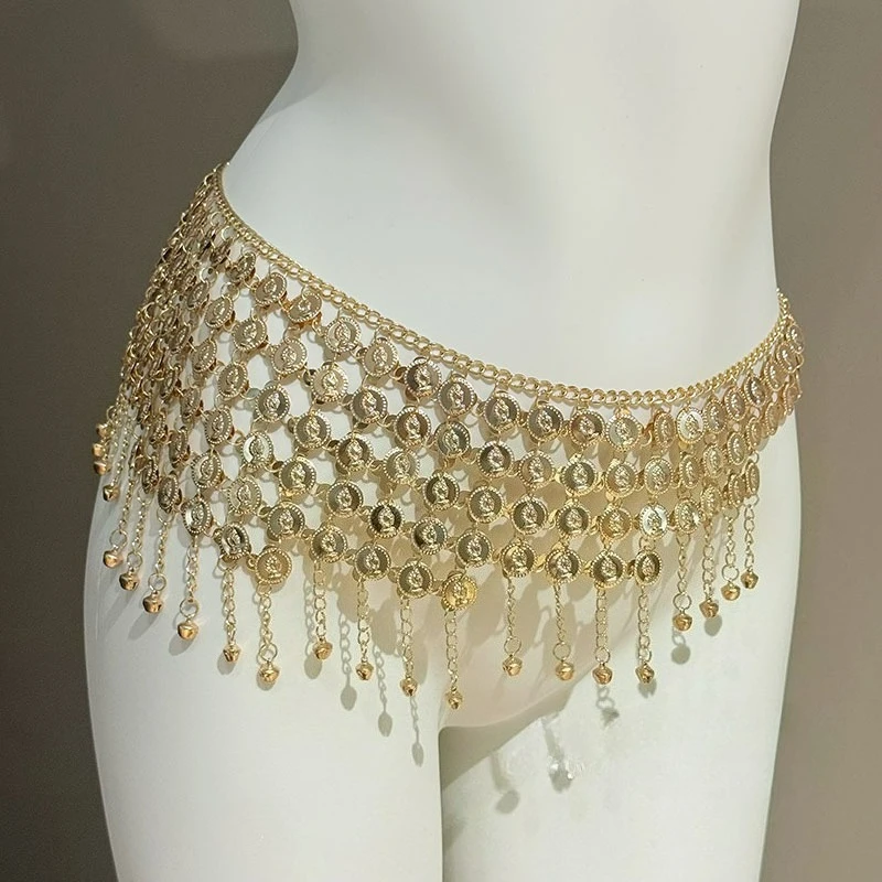 Gold Coin Alloy Waist Chain Belt with Bells - Five-Layer Belly Dance Performance Accessory