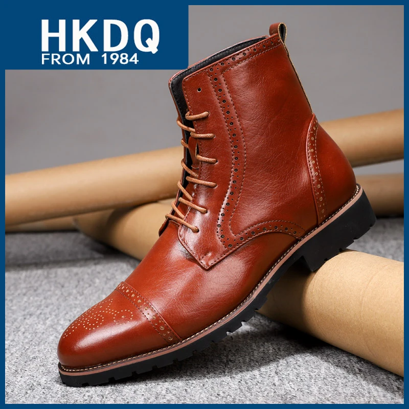 

HKDQ British Style Gentleman Brogue Boots Trendy Carving High Top Leather Boots For Men Fashion Brown Lace-up Men's Ankle Boots