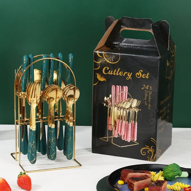 Amazon Cross-Border Marble 24-Piece Set Gift Box Dining Tableware Rack Plastic Handle Stainless Steel Knife Fork Spoon Nordic St