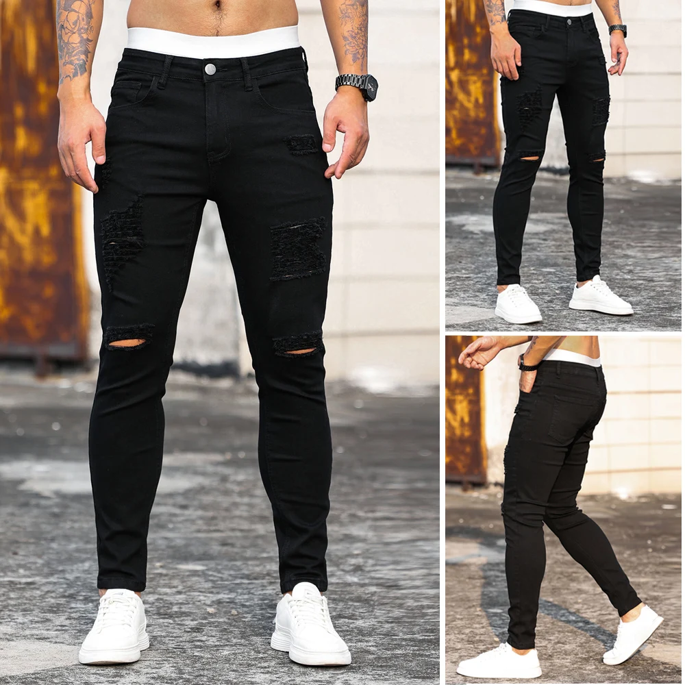 

Spring Hip Hop Pants Stretch Men's Slim Ripped Trousers Black Classic Streetwear Casual Designer Cowboy Boyfriend Jeans for Men