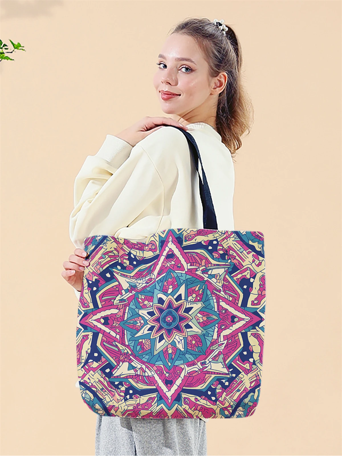 1pc,ethnic style patterned handbag, reusable fashionable handbag, multi-functional handbag, printed canvas shopping bag