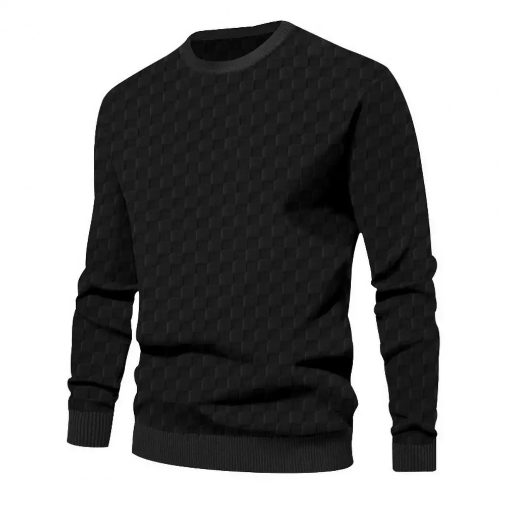 

Round Neck Long Sleeve Top Checkered Pattern Long Sleeve Pullover for Men Loose Fit T-shirt with Elastic Cuff Soft Fabric Spring