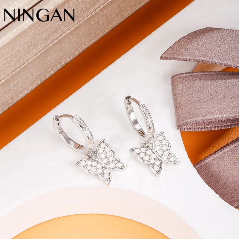 

NINGAN New Original Bling Butterflies Drop Earring Fashion Women Party &Wedding Earrings with Zircon Female Jewelrys