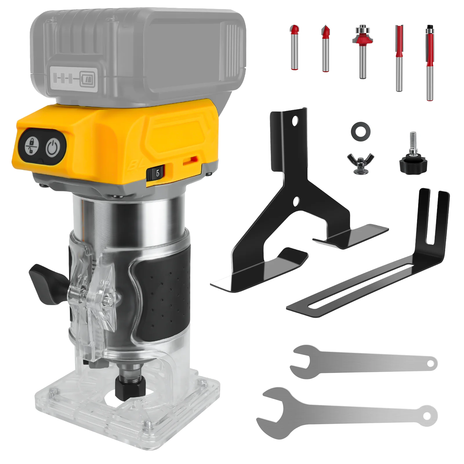 브러시리스 목공 라우터 머신 전동 트리머 800W 30000RPM 5단 속도 조절 목공 트리밍 그루빙 (디월트 20V 배터리 호환)
