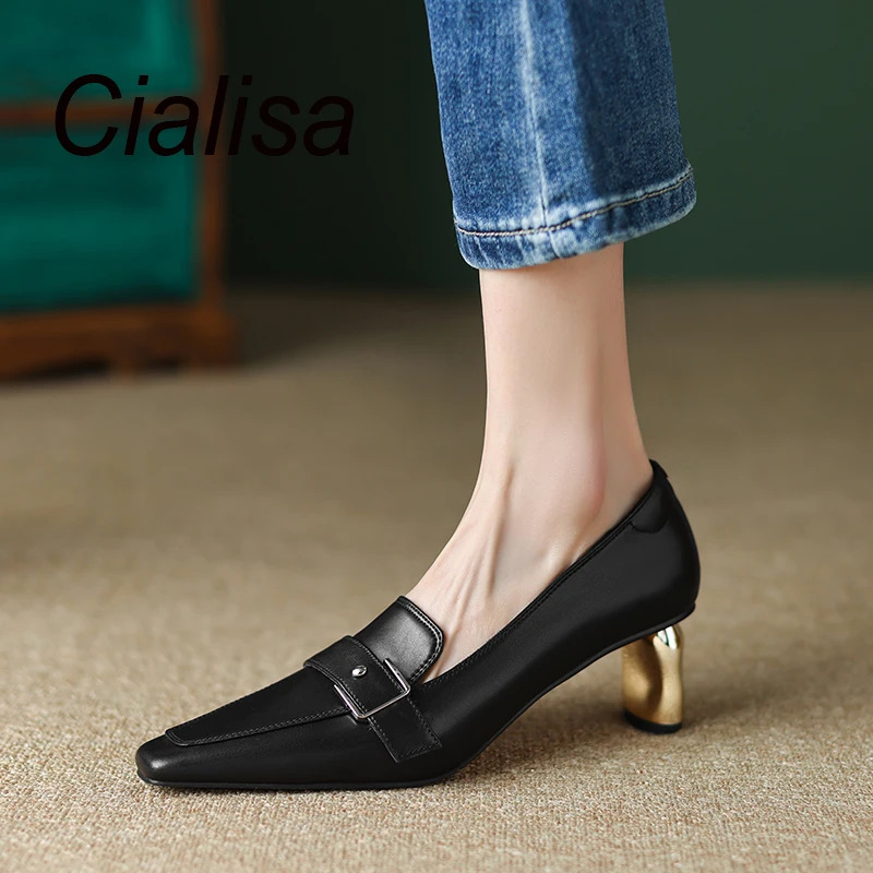 

Cialisa 2023 Spring Pumps New Arrival Square Toe Genuine Leather Women Shoes Mixed Colors Strange Style Heels Footwear Black 40
