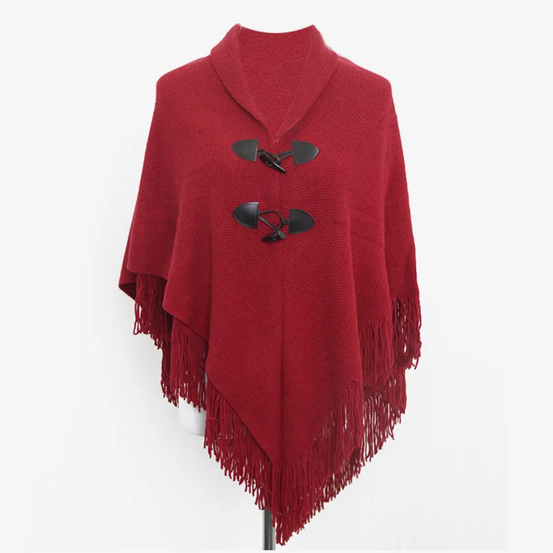 

Spring Autumn New Style Shawl Cape Tassel Ox Horn Buckle Solid Color Irregular Double-Layer Tassel Cloak Shawl Sunscreen Red