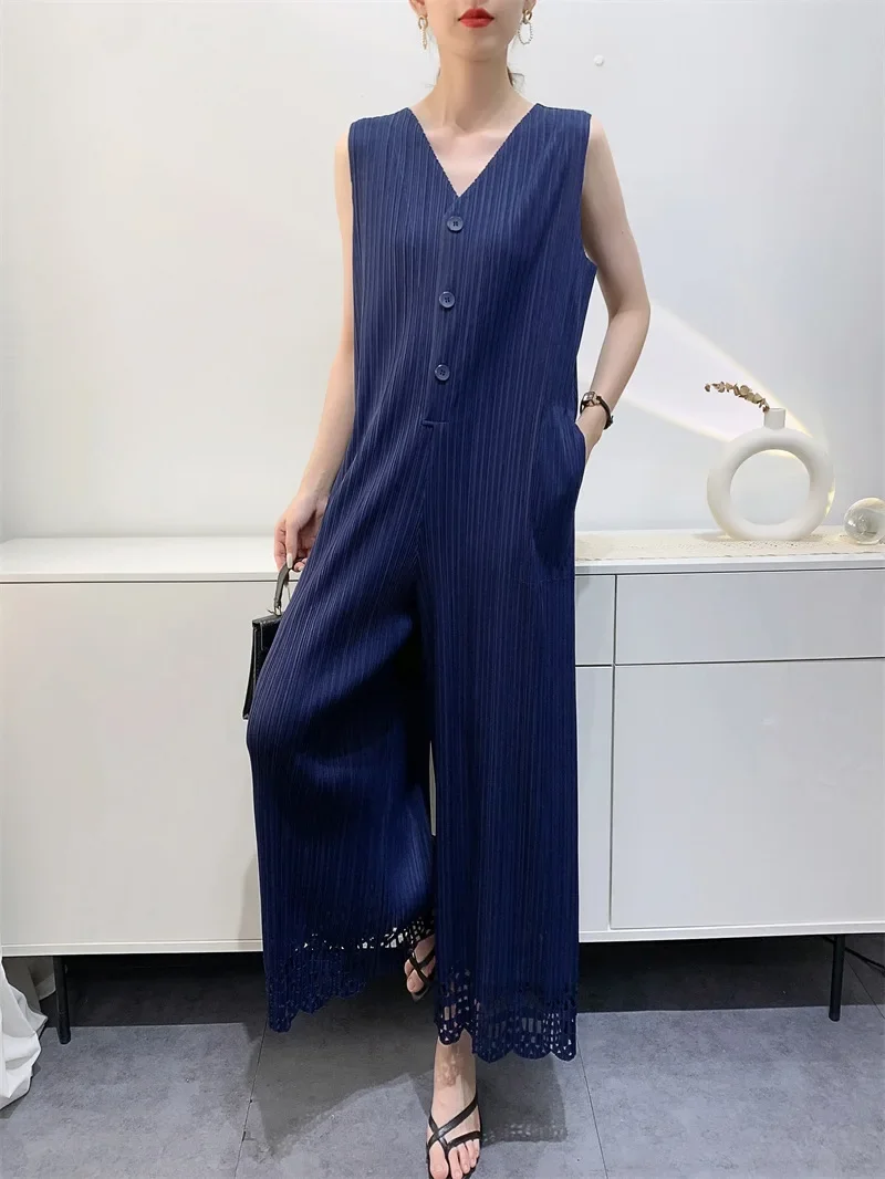Miyake Pleated Pullover High-waist Jumpsuit Women's Loose Casual Button Straight Pants Leg Laser Styling 2023 Spring Summer New