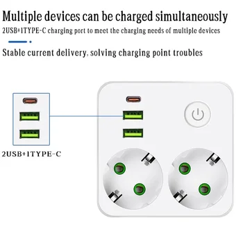 EU Plug Outlet 2 ซ็อกเก็ต Multitap Wall Power Strip ซ็อกเก็ตไฟฟ้าไม่มีสายไฟต่อ 2 USB 1 พอร์ต Type-C 2500W MAX Power 1