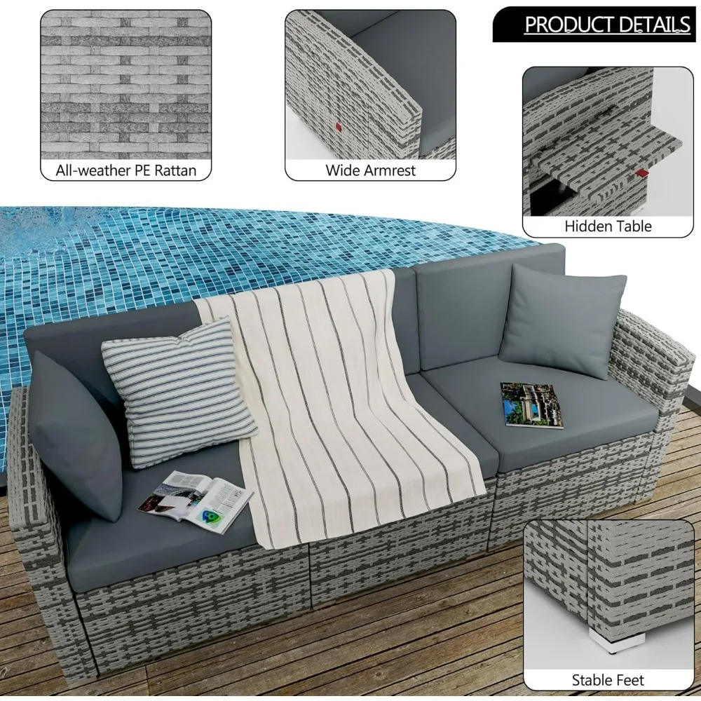 3 Pieces Patio Furniture Set, PE Rattan Sectional Sofa with Cushions, All-Weather Wicker Modular Couch, Outdoor Conversa 5
