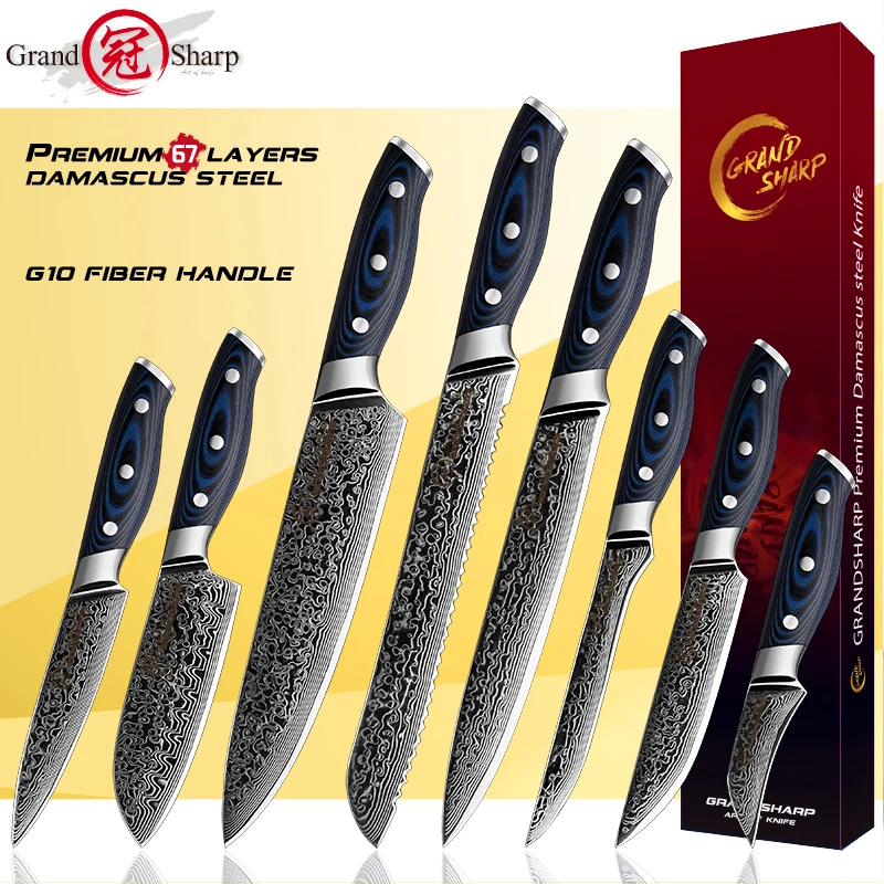 

Grandsharp Damascus Kitchen Knives Set 67 Layers AUS-10 Japanese Damascus Steel Chef Santoku Boning Utility Damascus Knives Gift